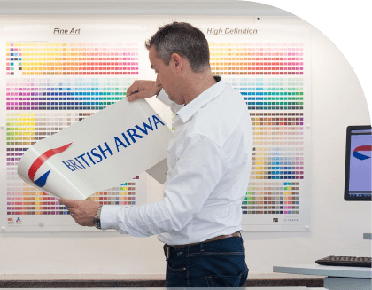 British airways logo on a wall with labels.