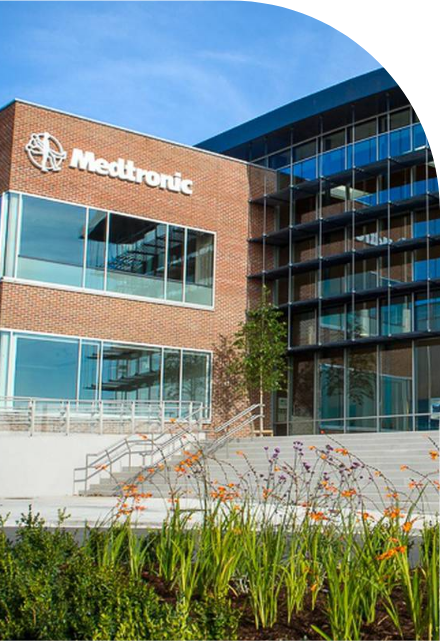 The Medtronic building adorned with custom labels.