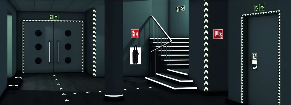 A black and white image of a room with stairs and lights featuring custom label solutions.