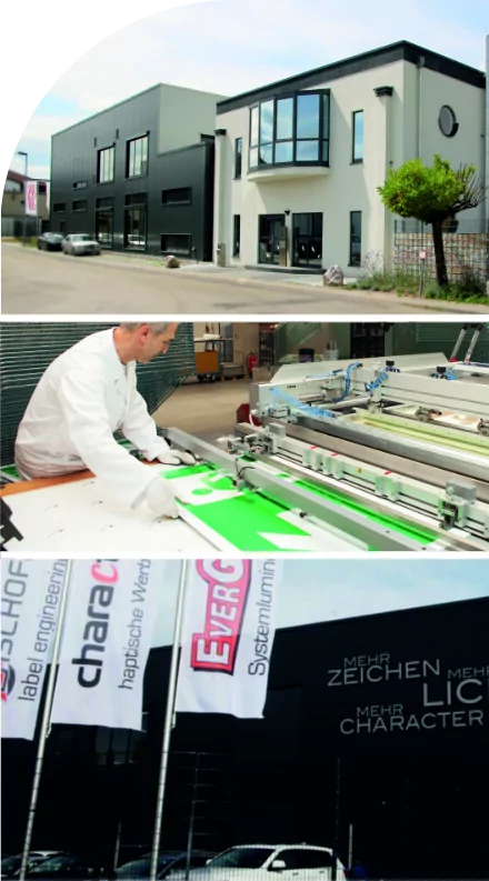 A collage of pictures of a factory and a building showcasing custom label solutions.